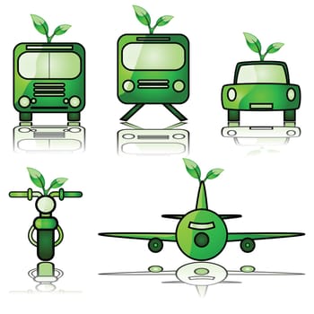 Glossy illustration set of different modes of transportation, with a young tree sprouting from them to signify green forms of travel