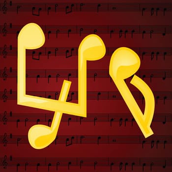 Concept illustration showing musical notes over a music theme red background