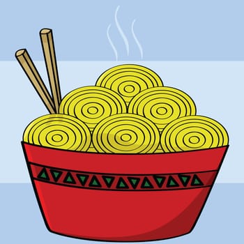 Cartoon illustration of a bowl of noodles with two chopsticks