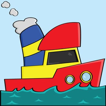 Vector illustration of a yellow, red and blue cartoon boat
