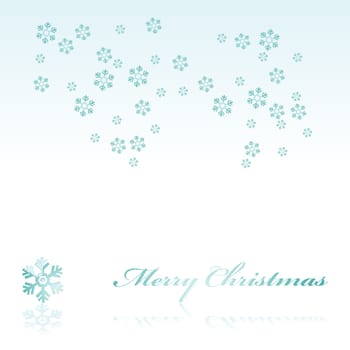 Illustration of a Christmas background showing snowflakes falling and a bigger glossy snowflake with the words &#039 Merry Christmas&#039  reflected over white