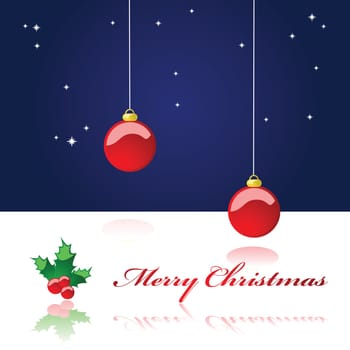 Illustration of a Christmas background showing a starry night sky with two Christmas decoration balls hanging from the top of the page and a glossy mistletoe with the words &#039 Merry Christmas&#039  reflected over white