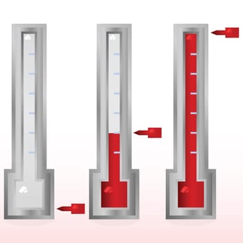 Glossy illustration showing a fundraising goal meter in three different stages