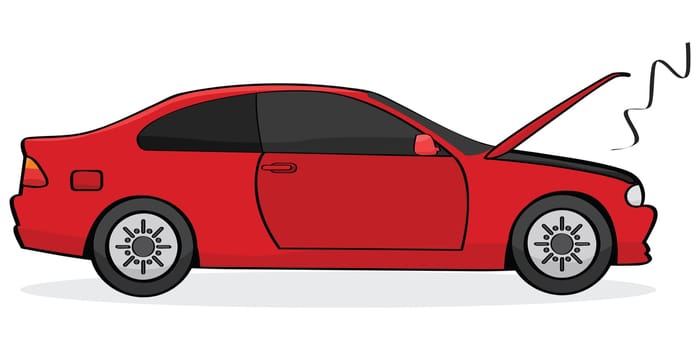 Cartoon illustration showing a broken car with its hood open and smoke coming out of the engine