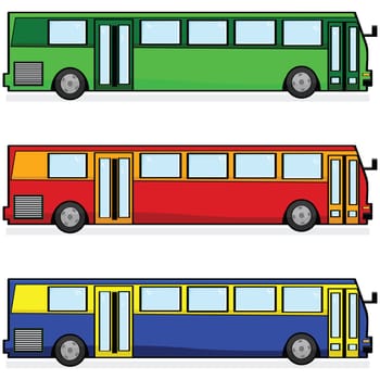 Cartoon illustration of three modern buses, in different colors
