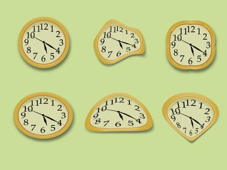 Yellow wall clock on the green background