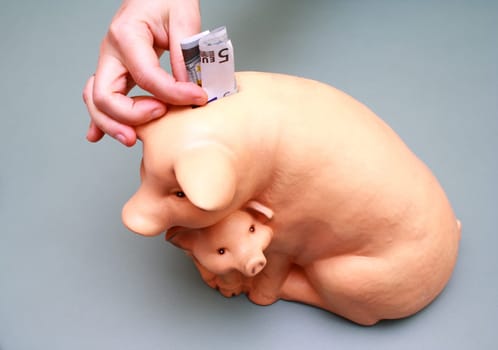 puting euro money into pig coin box