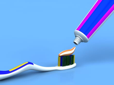 toothpaste and brush on a blue background