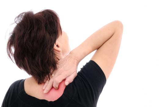 Mature woman with neck pain (marked red)