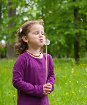 Happy expression - cute little girl blowing to dandelion