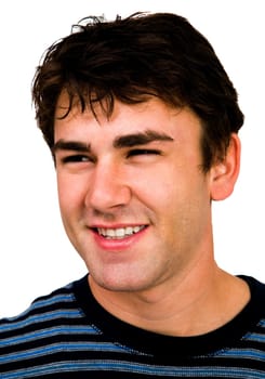 Close-up of a young man smiling and posing isolated over white