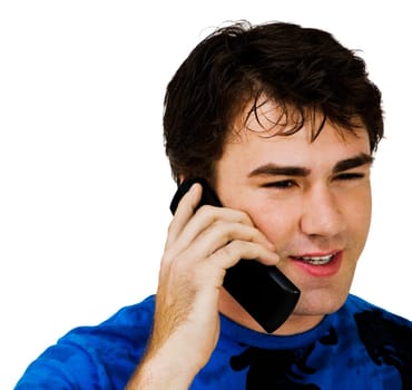 Smiling man talking on a mobile phone isolated over white
