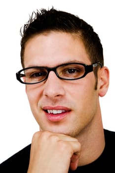 Young man wearing eyeglasses and posing isolated over white