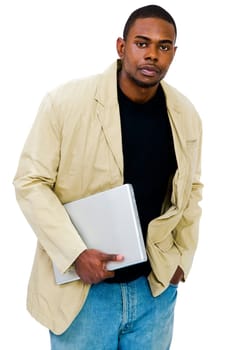 Mixedrace man holding a laptop and posing isolated over white