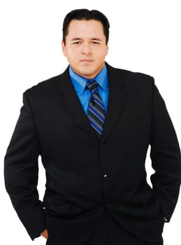 Portrait of a businessman standing with his hands in his pockets isolated over white