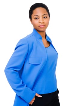 Woman standing with her hands in her pockets isolated over white
