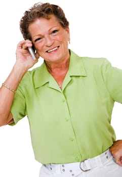 Confident woman talking on a mobile phone isolated over white