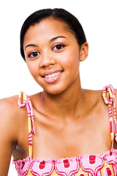 Close-up of a teenage girl smiling isolated over white