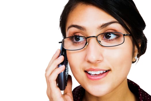 Close-up of a woman talking on a mobile phone isolated over white