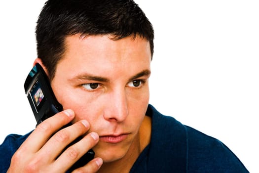 Close-up of a man talking on a mobile phone isolated over white