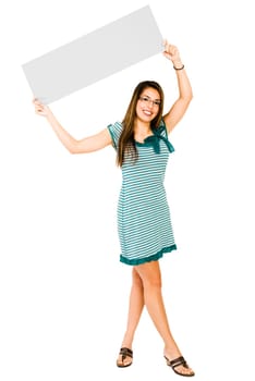 Smiling woman showing a placard and posing isolated over white