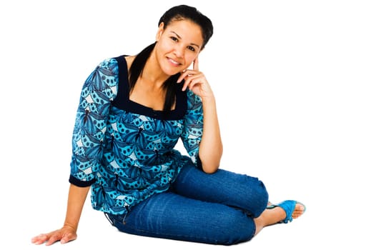 Woman posing and smiling isolated over white