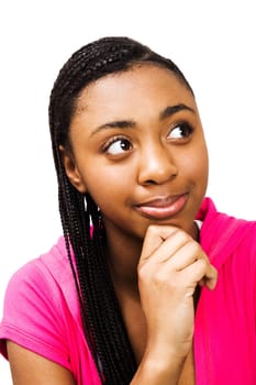 Teenager day dreaming and smiling isolated over white