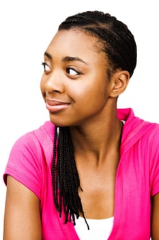 Teenager posing and smiling isolated over white