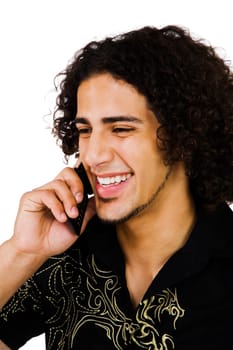 Close-up of a man talking on a mobile phone isolated over white