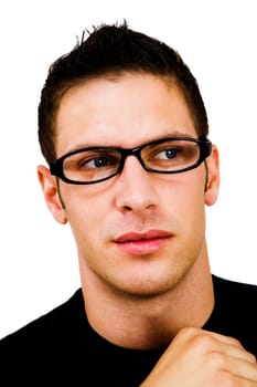 Man wearing eyeglasses and thinking isolated over white