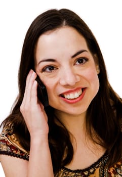 Close-up of a woman talking on a mobile phone isolated over white