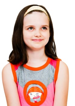Close-up of a caucasian girl smiling isolated over white