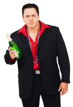 Latin American man holding a champagne bottle isolated over white