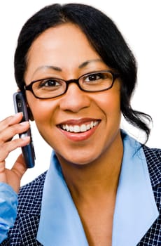 Mixedrace businesswoman talking on a mobile phone isolated over white