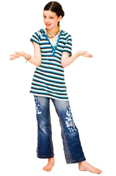 Portrait of a girl looking surprised and posing isolated over white