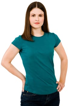 Close-up of a young woman posing isolated over white