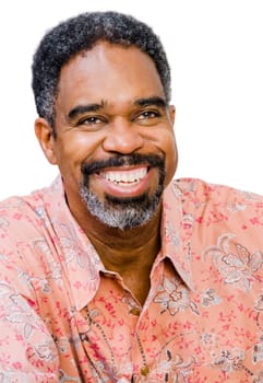 African American mature man posing and smiling isolated over white
