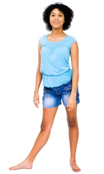 Portrait of a teenage girl posing and smiling isolated over white