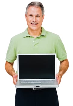 Close-up of a man showing a laptop isolated over white