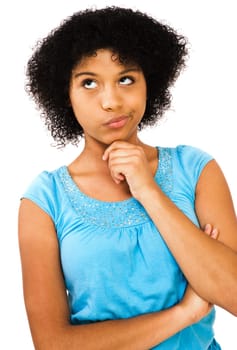 Close-up of a teenage girl thinking isolated over white