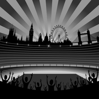 Illustration of the stadium with the London skyline on the horizon - London city - organizer of the Olympic Games