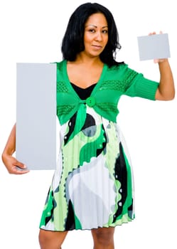 Mixedrace woman showing placards and posing isolated over white