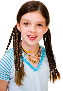 Portrait of a girl smiling isolated over white