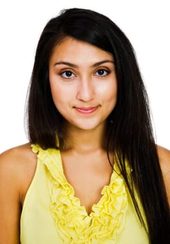 Young woman smiling and posing isolated over white