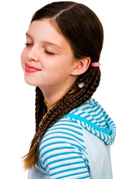 Smiling girl day dreaming isolated over white