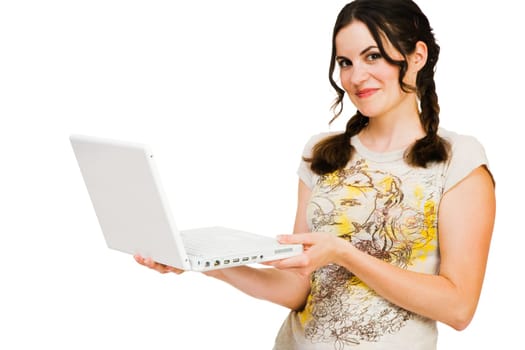 Caucasian young woman holding a laptop isolated over white