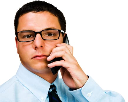 Portrait of a businessman talking on a mobile phone isolated over white