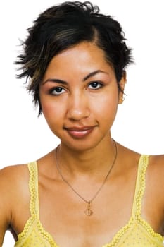 Woman posing and smiling isolated over white