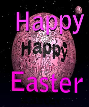 Two pink eggs, a big and a small, behind "happy easter"" in night with stars background"