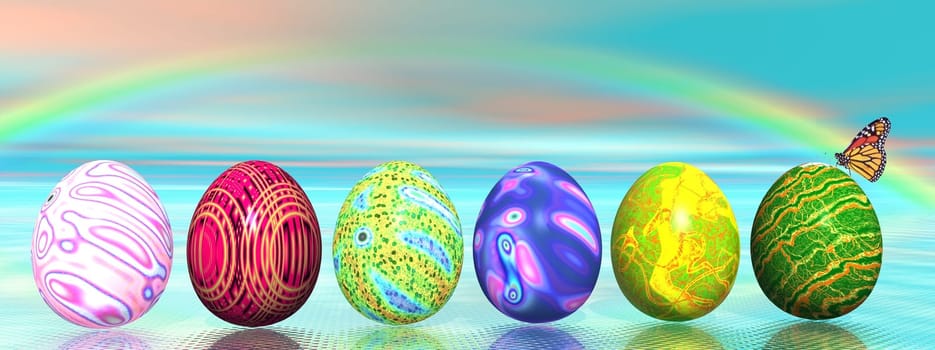 Six colored eggs for easter and a butterfly under a rainbow